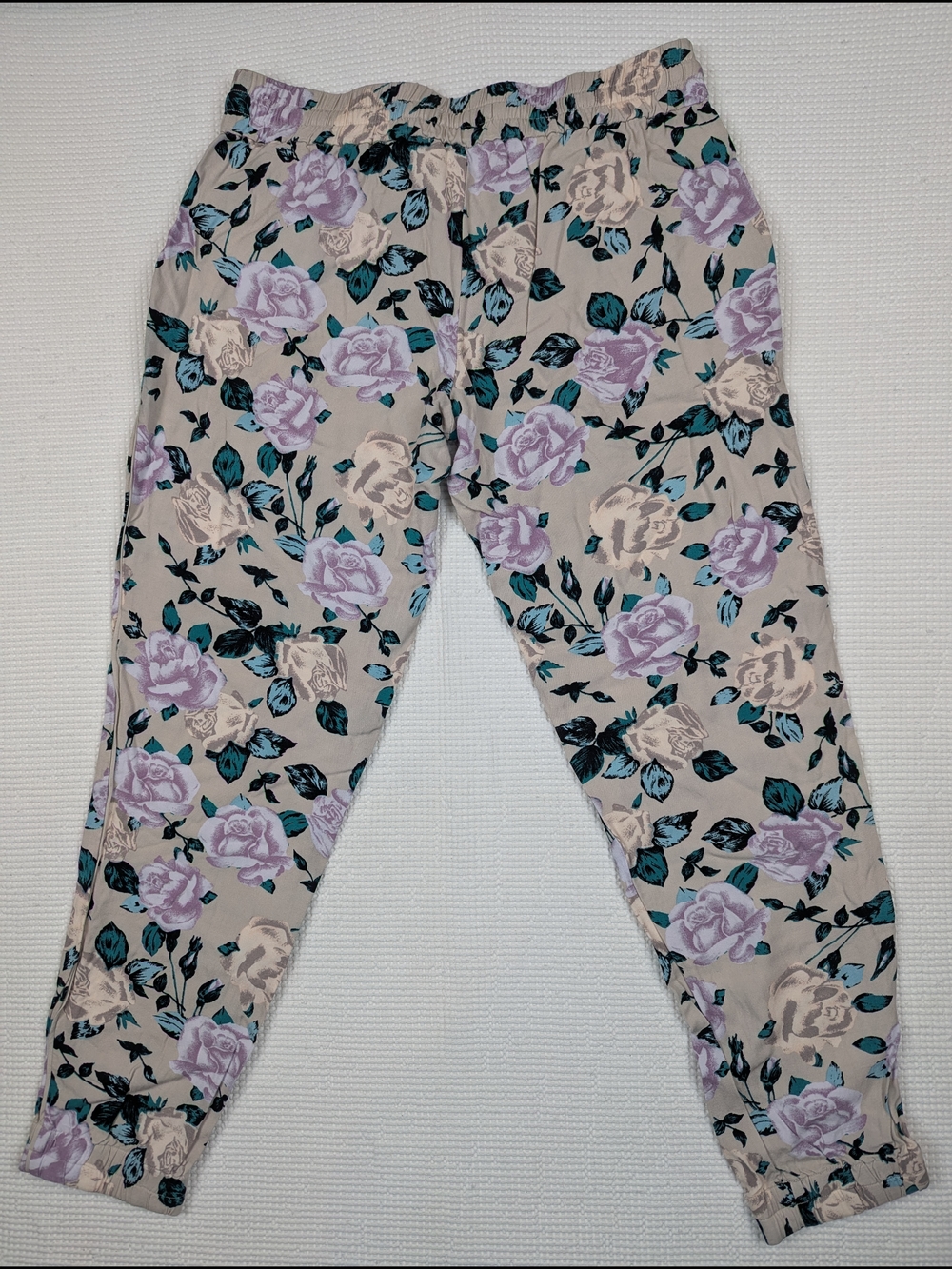 Talula Beige Floral Drawstring Joggers with Lavender & Teal Accents Cuffed Ankle - Picture 2 of 6